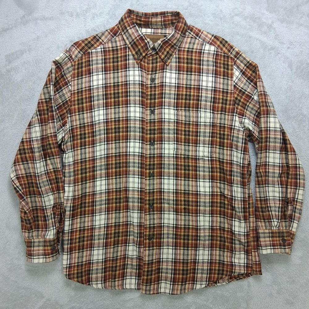 St Johns Bay Mens Large Brown Beige Plaid Flannel Long Sleeve Button Up Shirt